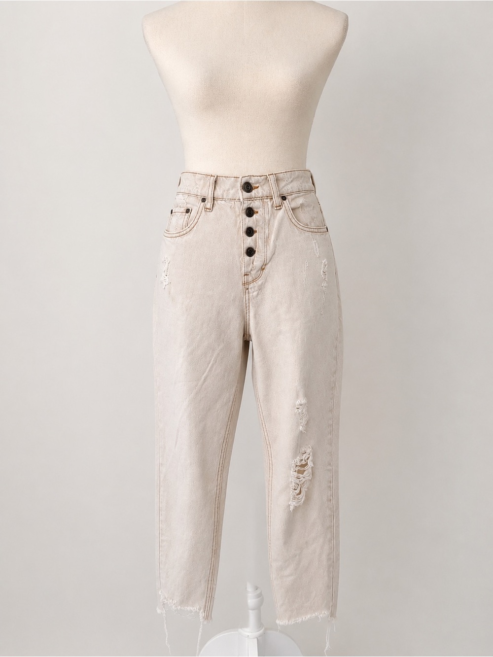 Urban Outfitters High Rise Distressed Mom Jeans W28 L30 Greige/Ecru